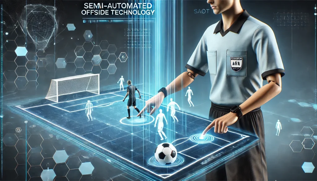 DALL·E 2025 01 06 16.25.57 A horizontal and realistic image of a soccer referee using Semi Automated Offside Technology SAOT. The referees entire upper body is clearly visibl